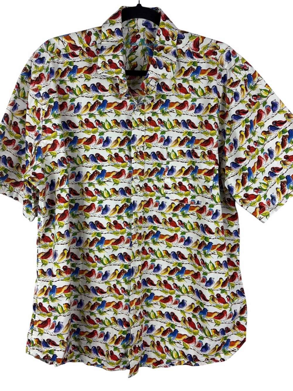 Alan Flusser Men’s Bird Print Short Sleeve Button Up Shirt Colorful Large